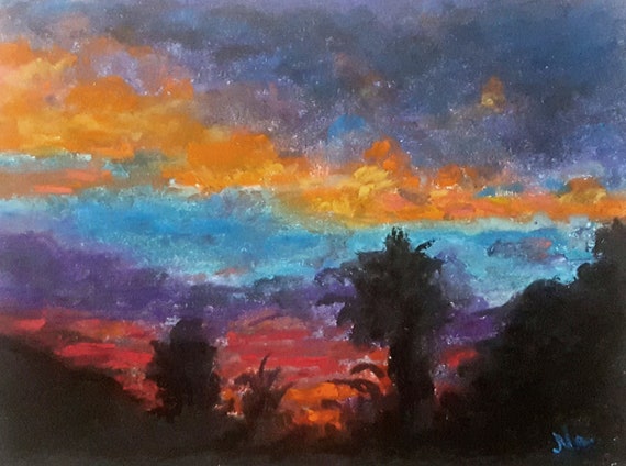 Original Dramatic Miniature Morning Sky Clouds Tree Silhouette Etsy