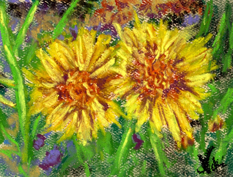 Bright Floral Miniature Pastel Painting Textured Sunny Flowers by Niki