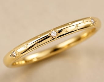 14K Solid Gold Starburst Diamond Ring – Minimalist Celestial Engraved Band