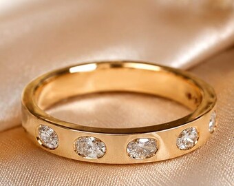 Anillo apilable de lujo de oro de 18 quilates con moissanita – Anillo de eternidad con talla ovalada engastada al ras de 3,50 mm