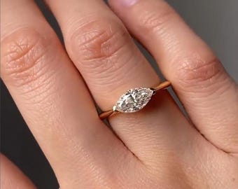 Anillo de lujo con diamante talla marquesa, anillo de compromiso solitario de oro de 14 quilates, regalo de aniversario.