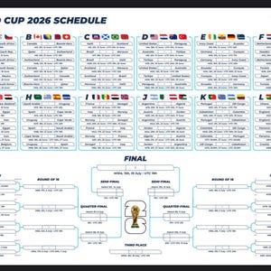 以下が含まれることがあります： 2026年ワールドカップの詳細なスケジュール。チームの旗と試合日程がグリッド形式で表示されています。トーナメント表は、32回戦から決勝までの進捗を示し、中央にはワールドカップのトロフィーがあります。