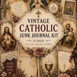 Può includere: Un kit per junk journal cattolico vintage con 25 pagine di immagini religiose, tra cui raffigurazioni di Maria, Gesù e Giuseppe, insieme a motivi floreali, pizzi, un calice, un rosario e testi biblici come Salmo 46:10 e Proverbi 3:5.