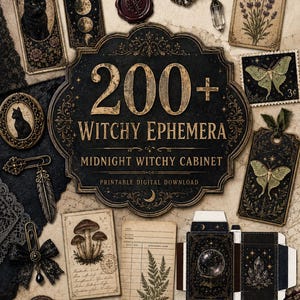 Peut inclure: Une collection d'éphémères imprimables avec des motifs mystiques sombres incluant des chats noirs, phases lunaires, papillons, lavande, champignons et clés anciennes. L'étiquette centrale indique 200+ WITCHY EPHEMERA MIDNIGHT WITCHY CABINET PRINTABLE DIGITAL DOWNLOAD.