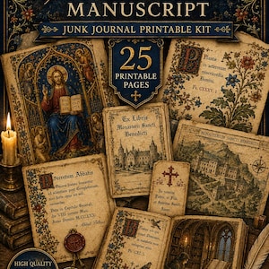 May include: A digital download kit titled Medieval Monastery Manuscript Junk Journal Printable Kit featuring 25 printable pages. The collection includes aged parchment-style sheets with Latin text, religious illustrations, and monastery scenes.