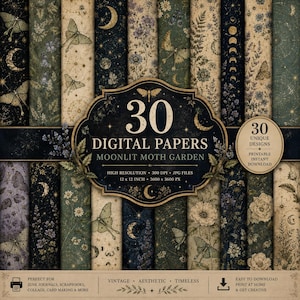 Pode incluir: Uma coleção de 30 papéis digitais intitulados Moonlit Moth Garden, com padrões de mariposas, luas, estrelas e elementos florais em tons de azul escuro, verde e creme. Inclui arquivos JPG de 30,5 x 30,5 cm com 300 DPI de resolução.