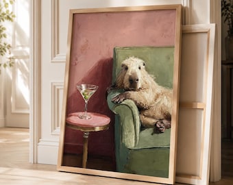Capybara Wall Art - Funny Martini Animal Poster - Whimsical Pink Green Lounge Decor