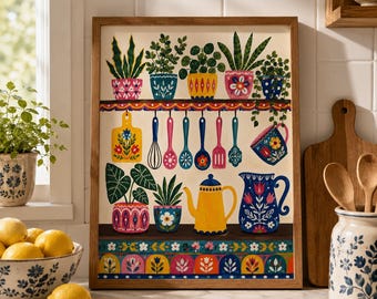 May include: A framed wall art print featuring a colorful kitchen scene with potted plants on a shelf, hanging kitchen utensils, a yellow teapot, and a blue pitcher. The design includes floral patterns and decorative borders in vibrant shades of blue, yellow, pink, and green.