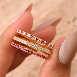 14K Gold Ruby Diamond Full Eternity Bands, 3PCS Wedding Bridal Bands, Matching Round Eternity bands, Engagement Bands Rings, Luxury Gifts