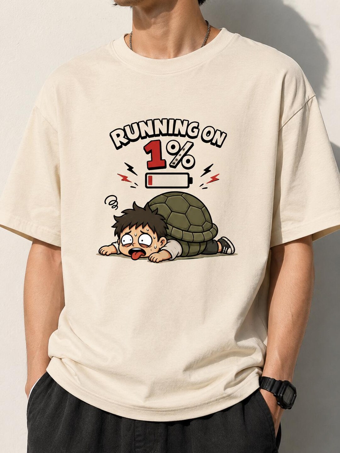 Running on 1% PNG | Burnout Design | Funny Low Energy Cartoon Shirt ...