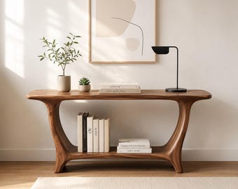 Mid Century rustikaler Beistelltisch - Holz Wohnzimmer Beistelltisch mit unterer Ablage, minimalistischer Holz Beistelltisch mit Aufbewahrung.