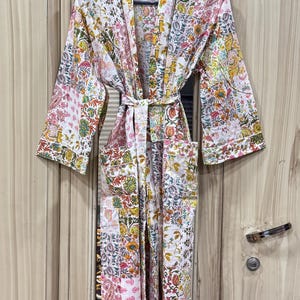 Pastel Floral Cotton Kimono Robe, Hand Block Print, Lightweight Loungewear, Boho Dressing Gown