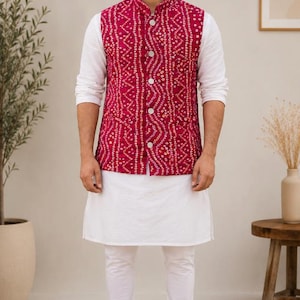 Maroon Bandhani Nehru Jacket, Cotton Indian Ethnic Waistcoat, Hand Block Print Modi Vest