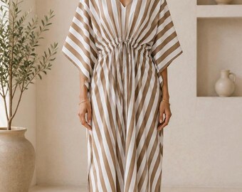 Beige Striped Cotton Kaftan Maxi Dress, Adjustable Waist Beach Cover Up