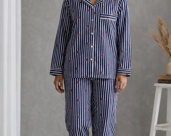 Blue Heart Print Cotton Pajama Set | Women's Long Sleeve Sleepwear Lounge Set