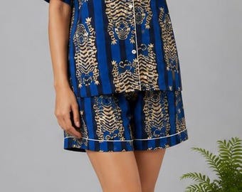 Blue Tiger Print Cotton Pajama Set | Women's Short Sleeve Sleepwear Lounge Set