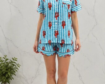 Blue Lobster Print Cotton Pajama Set, Striped Sleepwear, Scalloped Shorts
