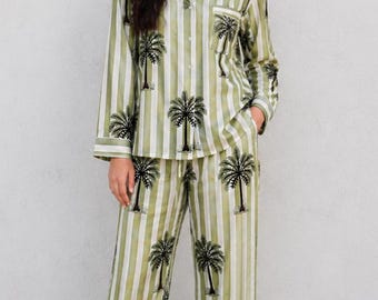 Green Palm Tree Cotton Pajama Set | Women's Long Sleeve Sleepwear, Tropical Lounge