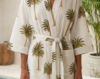 Cotton Palm Tree Kimono Robe, Tropical Botanical Dressing Gown