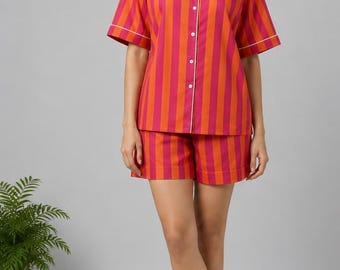 Pink Orange Striped Cotton Pajama Set | Women's Button Down Sleepwear Lounge Set