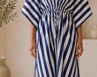 Marineblauwe gestreepte katoenen kaftan maxi-jurk, strandkleed, loungekleding