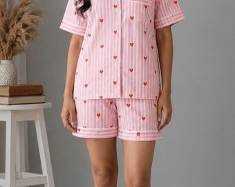 Pink Heart Print Cotton Pajama Set | Striped Short Sleeve Sleepwear Lounge Set