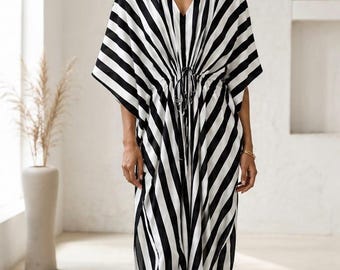 Black White Striped Cotton Kaftan Maxi Dress, Adjustable Waist Beach Cover Up