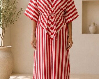 Roodwit gestreepte katoenen kaftan maxi-jurk, v-hals, verstelbare taille, strandkleed
