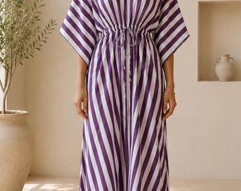 Paarswit gestreepte katoenen kaftan maxi-jurk, strandkleed, loungekleding