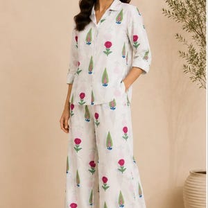 Katoenen co-ord set met bloemenprint | Tweedelig damespak, wijde broek