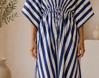 Navy Blue Striped Cotton Kaftan Maxi Dress, Beach Cover Up, Loungewear