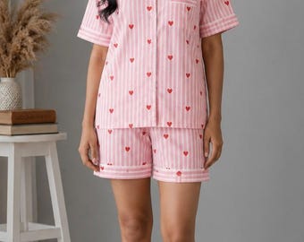 Pink Heart Print Cotton Pajama Set | Striped Short Sleeve Sleepwear Lounge Set