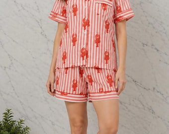 Lobster Print Cotton Pajama Set, Pink Stripe Sleepwear, Coastal Summer Loungewear