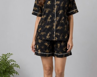 Tiger Print Cotton Pajama Set | Short Sleeve Button Down Sleepwear Lounge Set