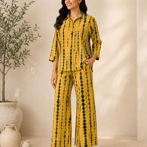 Mustard Yellow Tie Dye Cotton Co-ord Set | Boho Wide Leg Pants Shirt Outfit