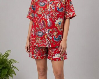 Red Floral Cotton Pajama Set | Boho Paisley Short Sleeve Sleepwear Lounge