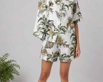 Safari Animal Print Cotton Pajama Set | Short Sleeve Button Down Sleepwear Lounge