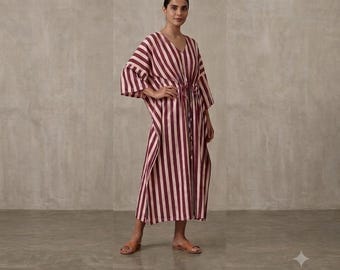 Maroon White Striped Cotton Kaftan Maxi Dress, Beach Cover Up, Loungewear