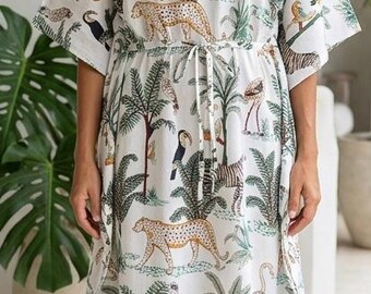 Safari Jungle Print Cotton Kaftan Dress, Tropical Animal Maxi Beach Cover Up