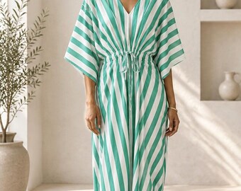Mintgroen gestreepte katoenen kaftanjurk, strandkleed, maxi loungewear