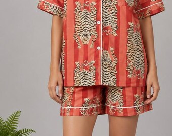Tiger Print Cotton Pajama Set | Button Down Short Sleeve Sleepwear Lounge Set