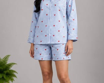 Blue Striped Cotton Pajama Set with Hearts | Long Sleeve Sleepwear Loungewear