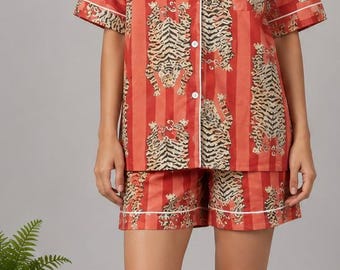 Tiger Print Cotton Pajama Set | Button Down Short Sleeve Sleepwear Lounge Set