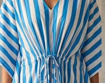 Blauw gestreepte katoenen kaftanjurk, maxi strandkleed met v-hals, resortloungewear