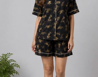 Tiger Print Cotton Pajama Set | Short Sleeve Button Down Sleepwear Lounge Set