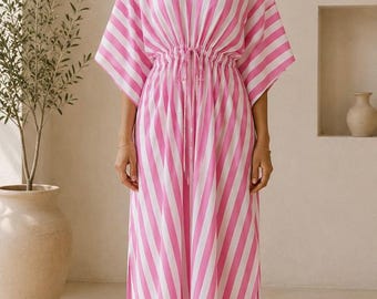 Pink White Striped Cotton Kaftan Maxi Dress, Beach Cover Up, Resort Wear