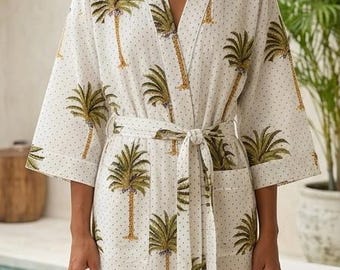Katoenen kimonobadjas met palmboom, tropische-botanische kamerjas