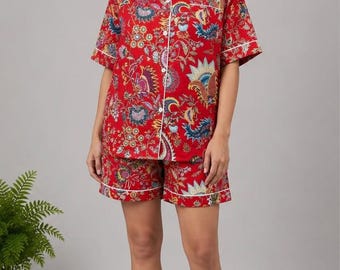 Red Floral Cotton Pajama Set | Boho Paisley Short Sleeve Sleepwear Lounge