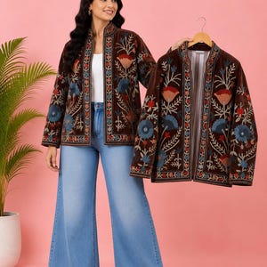 Chocolate Brown Velvet Suzani Jacket | Hand-Embroidered Floral Boho Women's Coat