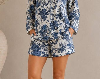 Blue Botanical Cotton Pajama Set, Button Down Sleepwear with Shorts